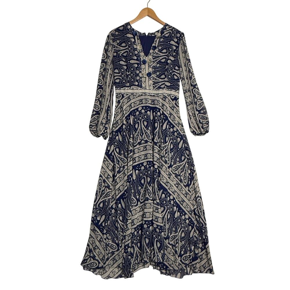Sheryl Crow Paisley Print‎ V-Neck Maxi Dress Size S Pom-Poms Hippie Boho Gypsy